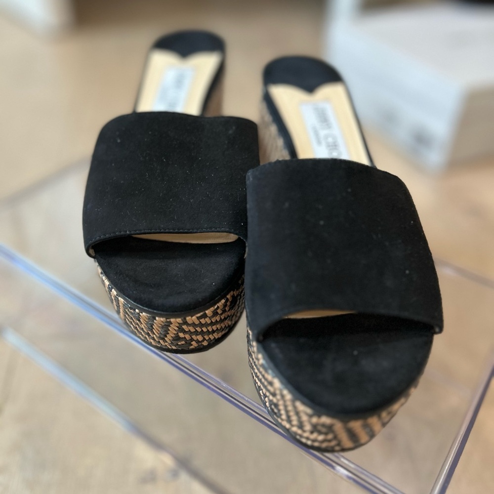 Black Suede Jimmy Choo Rafia mule wedge - Picture 4 of 8